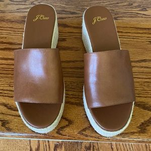 J.Crew low wedge slides in Cuoio/saddle color. NWT Size 7 label - but 7..5 fit.